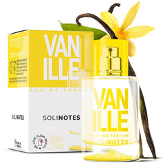 Solinotes front bottle showing minimalist vanilla perfume branding and clean design benefit