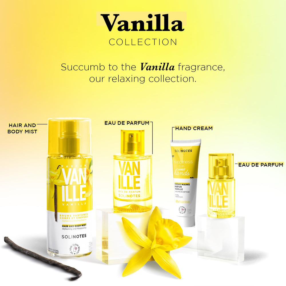 Solinotes ingredients display with vanilla and tonka bean illustrating warm gourmand benefit