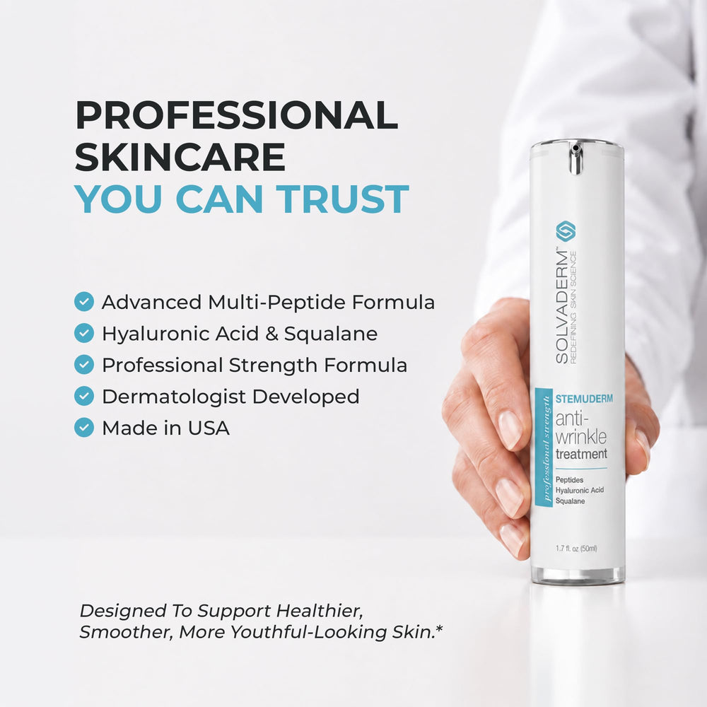 Solvaderm Stemuderm on bathroom vanity suggesting daily skincare routine benefit