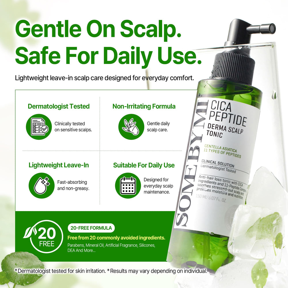 SOME BY MI tonic on bathroom shelf showing daily scalp care convenience