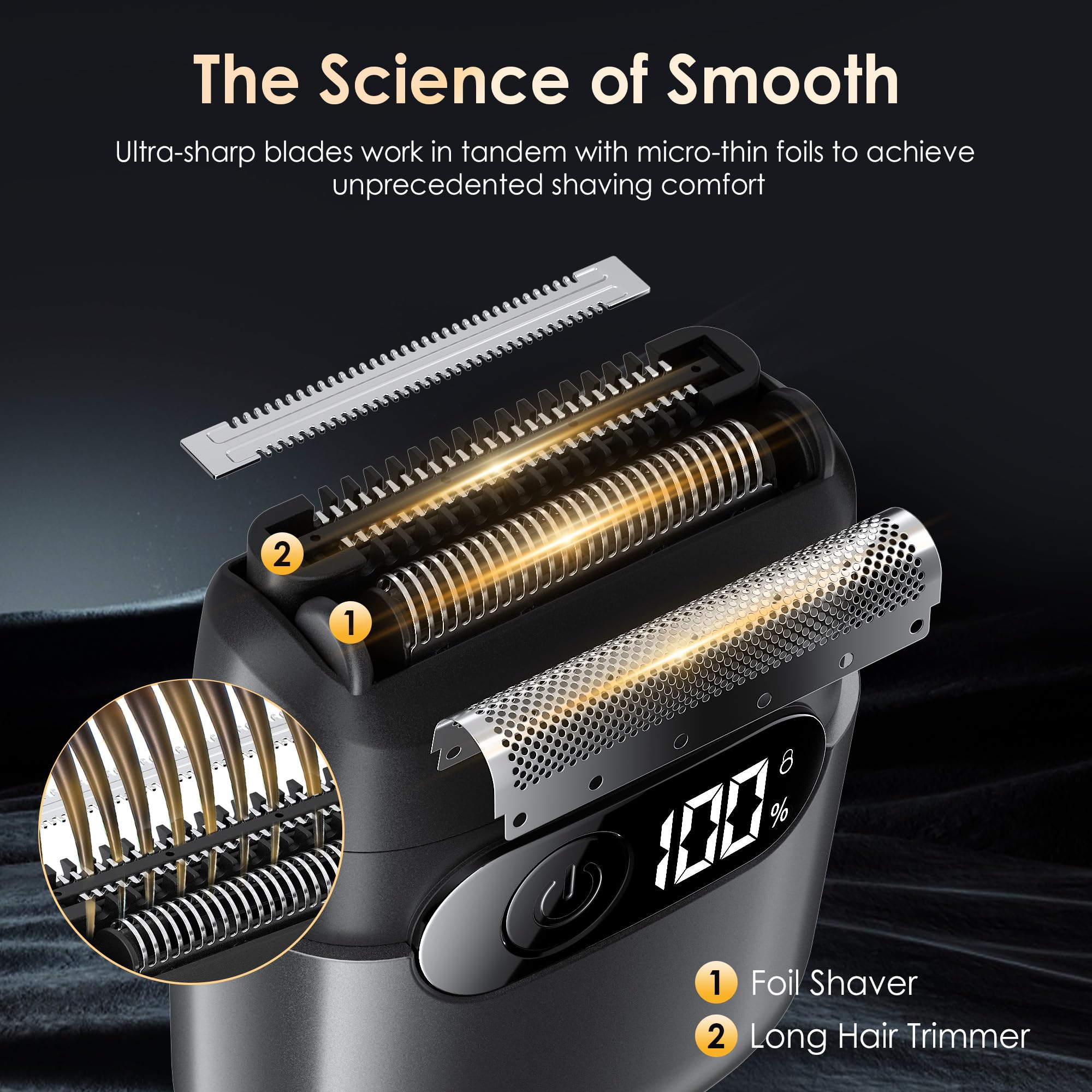 Sonatraxs trimmer head detail highlighting precise beard and sideburn shaping
