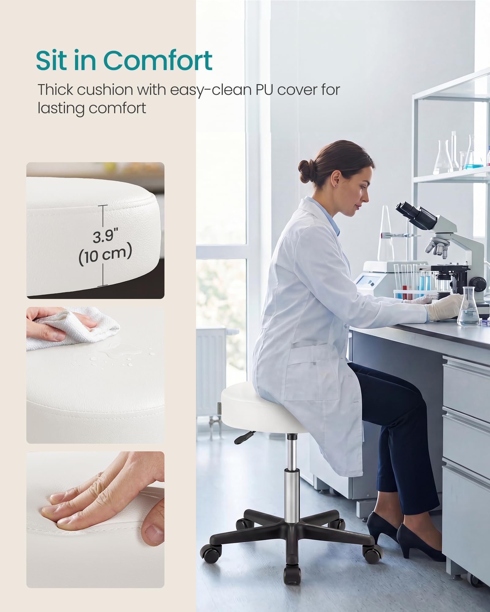 SONGMICS stool next to hand illustrating compact scale and easy placement