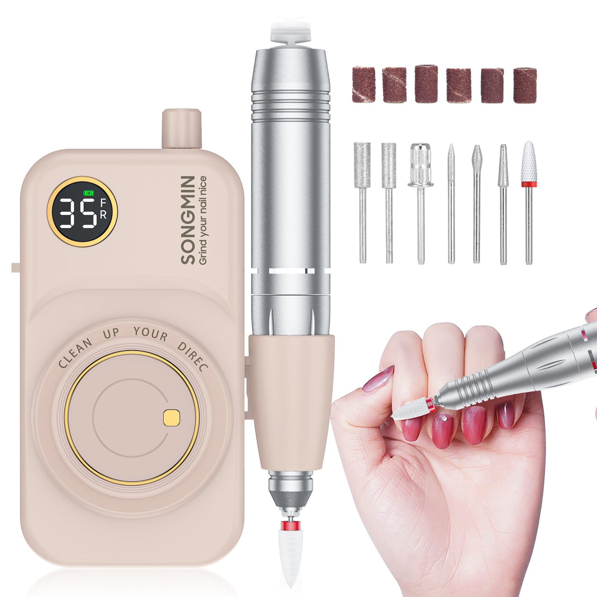 SONGMIN front view of pink cordless nail drill showcasing compact kit, promotes portability