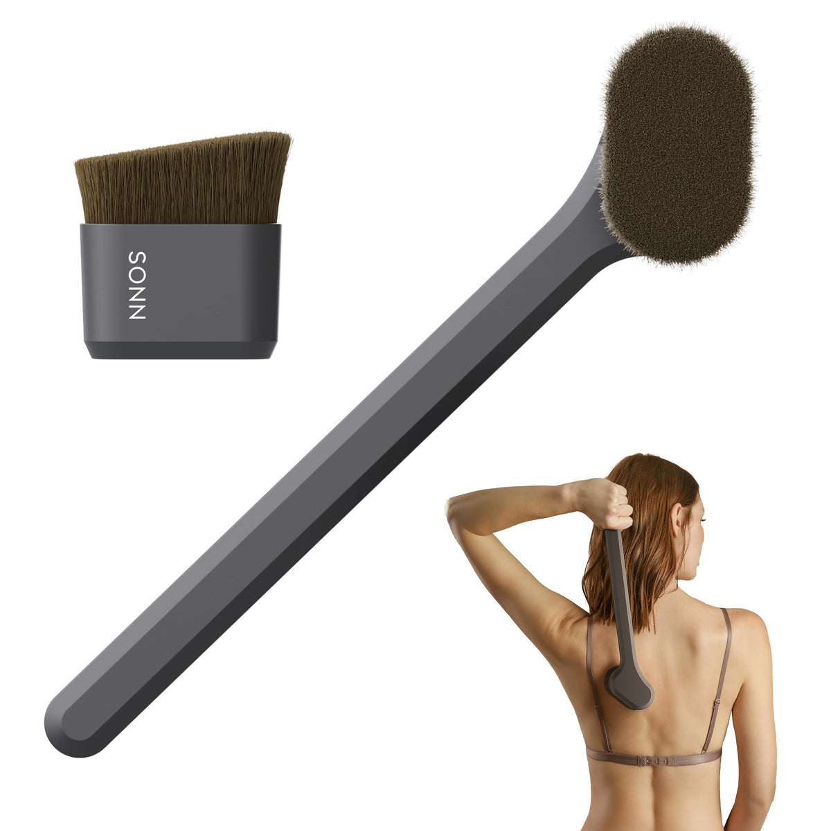SONN long-handle back applicator front view showing ergonomic reach benefit