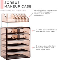 Sorbus organizer with drawers open displaying sorted makeup, helps fast product access