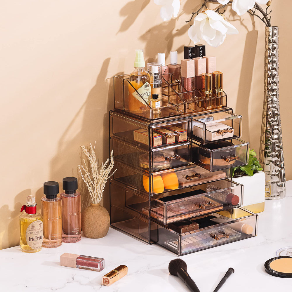 Sorbus organizer filled with palettes and lipsticks, demonstrates effective space use