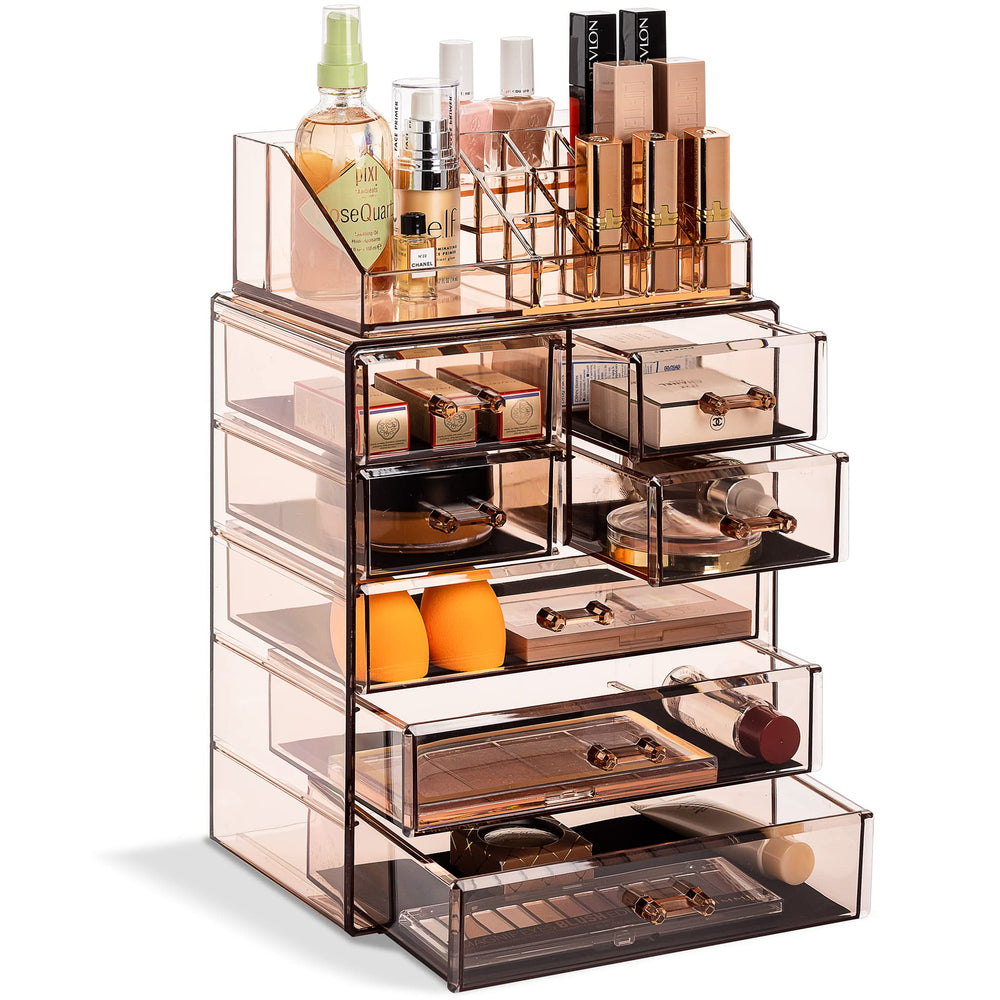 Sorbus front view of bronze glow organizer showing clear drawers and warm finish, improves countertop tidiness