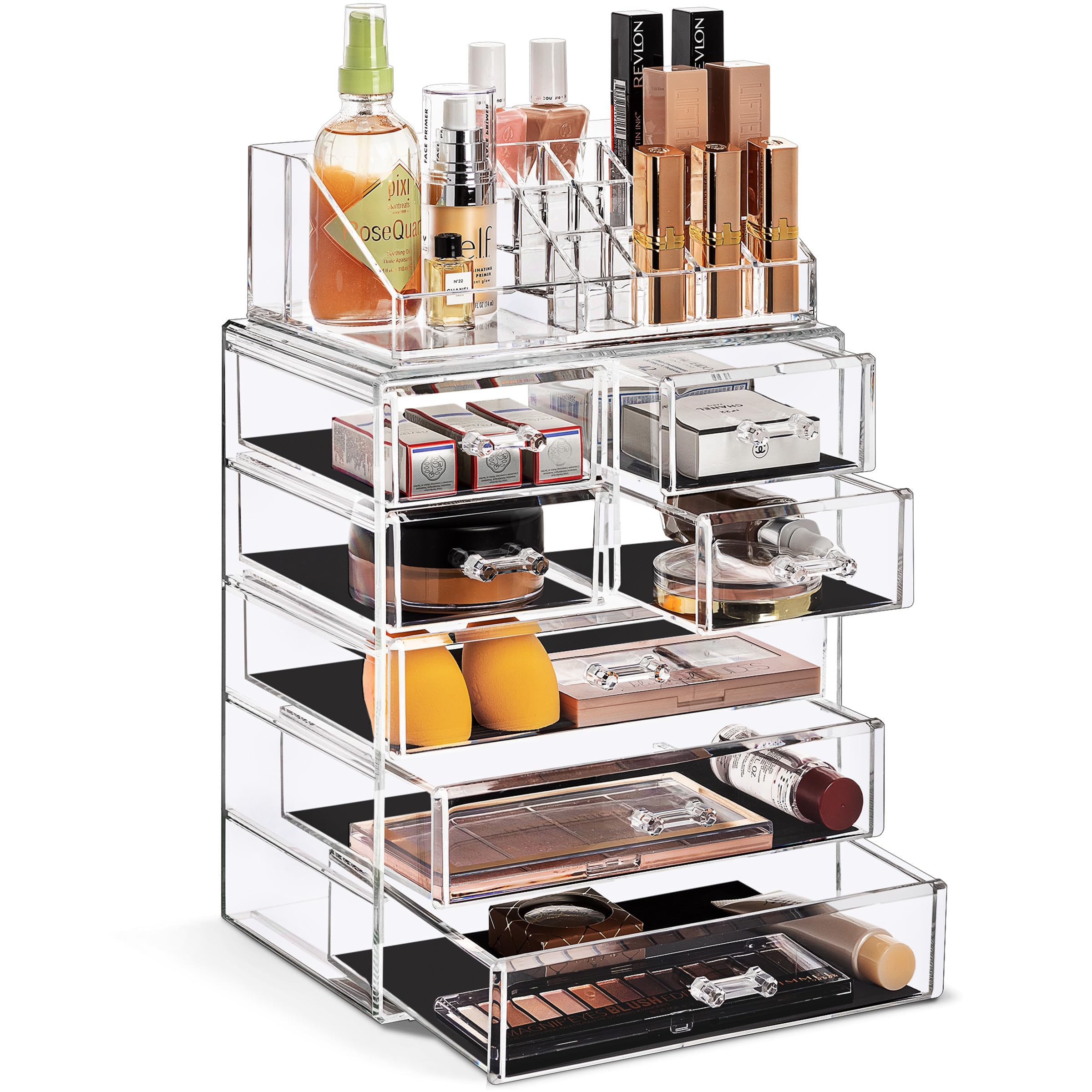 Sorbus clear acrylic front view showing organized cosmetics and quick visibility