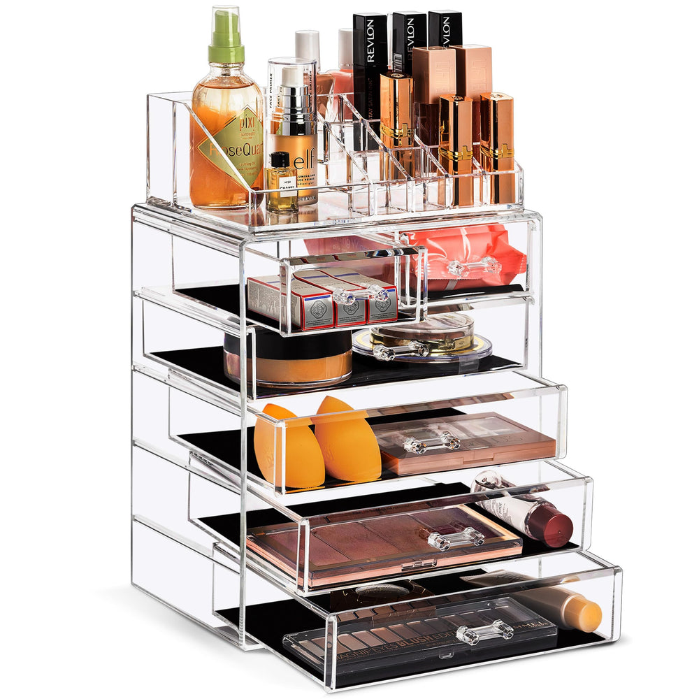 Sorbus clear organizer front view showing neat cosmetic storage and easy access