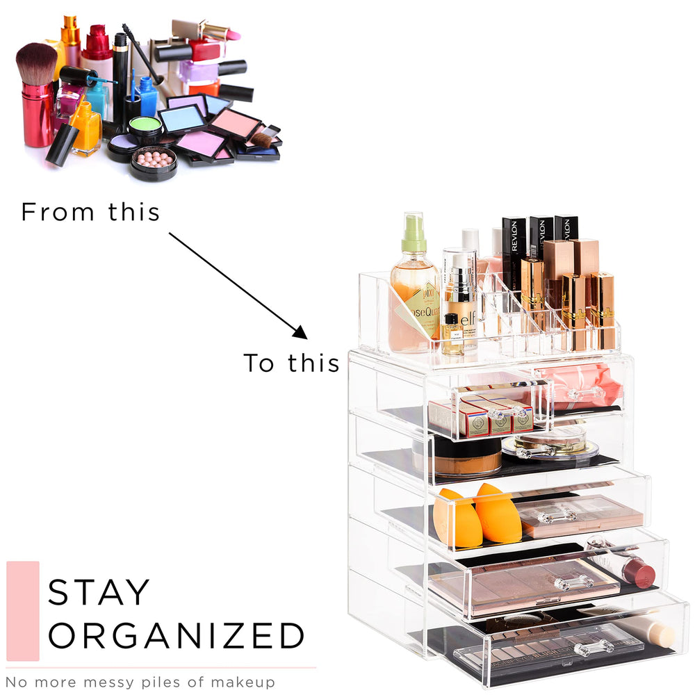 Sorbus organizer on vanity styled with plants showing tidy, attractive display