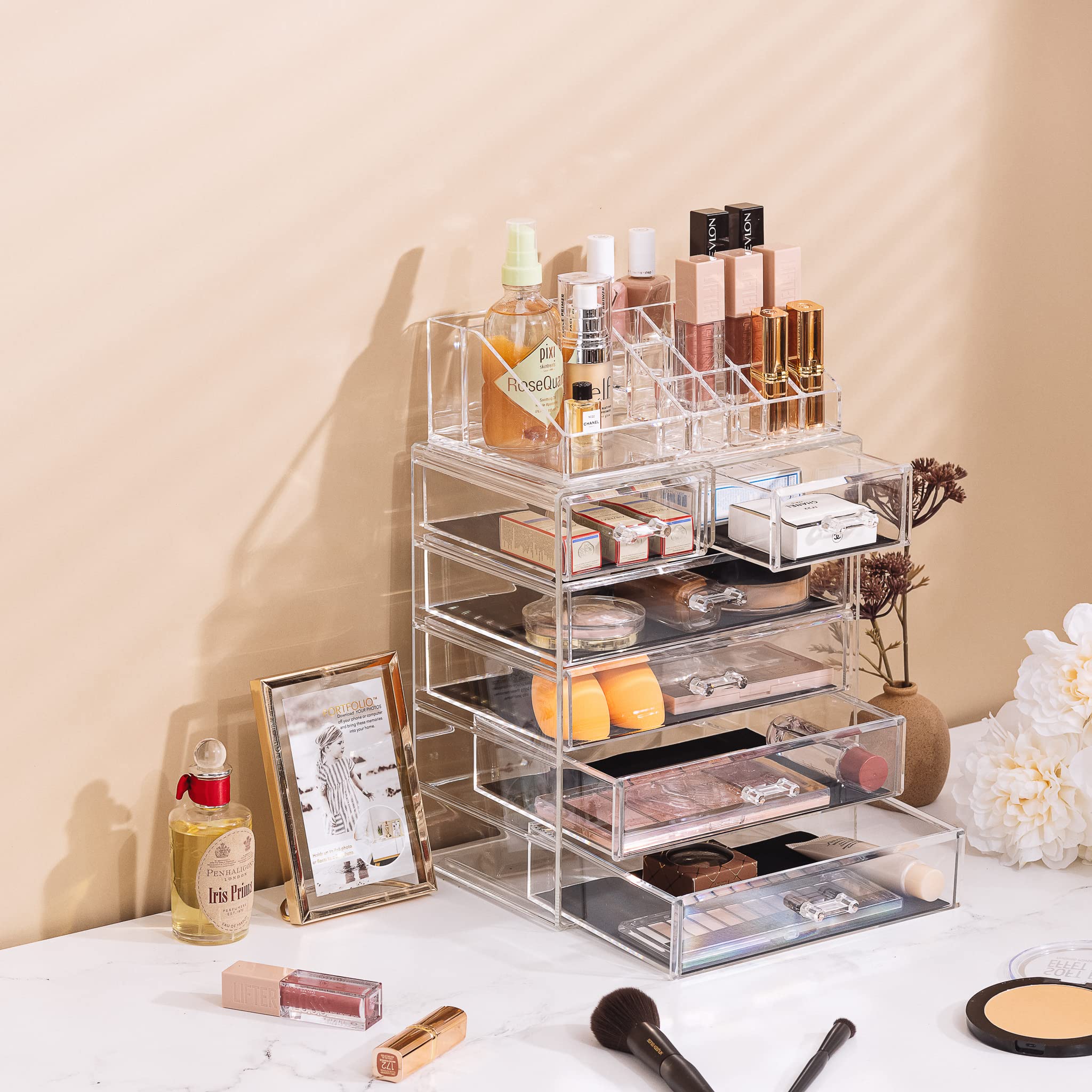 Sorbus organizer filled with makeup for quick visual inventory and convenience