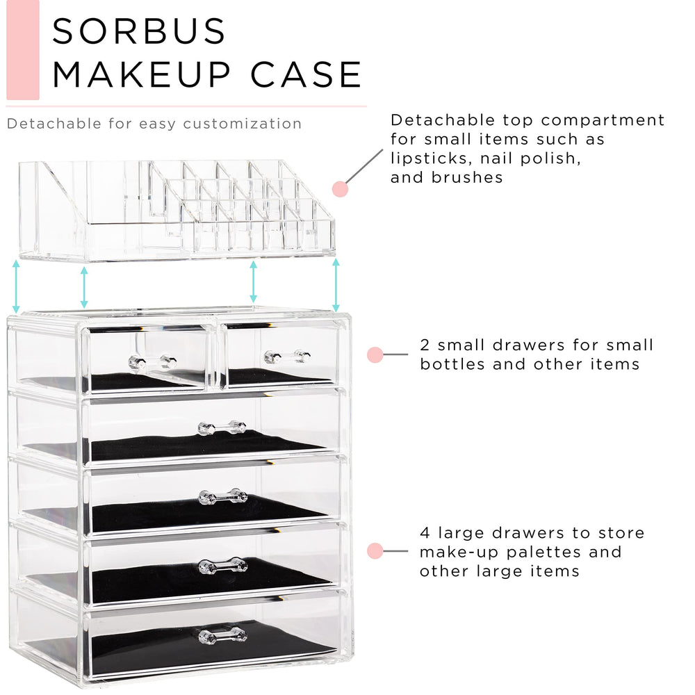Sorbus top compartment close-up displaying brush and lipstick organization benefit