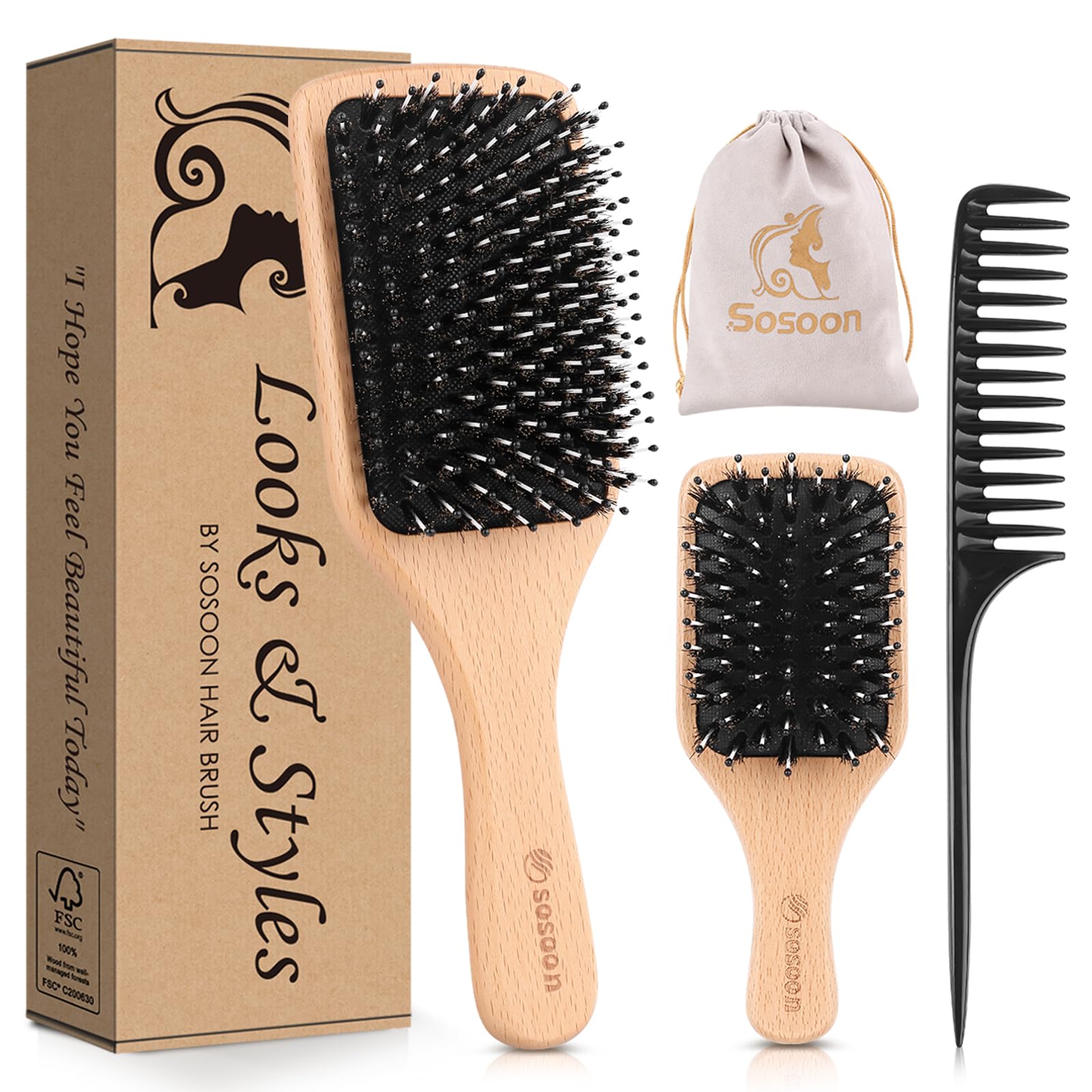 Sosoon paddle brush front view showing smooth detangling benefit