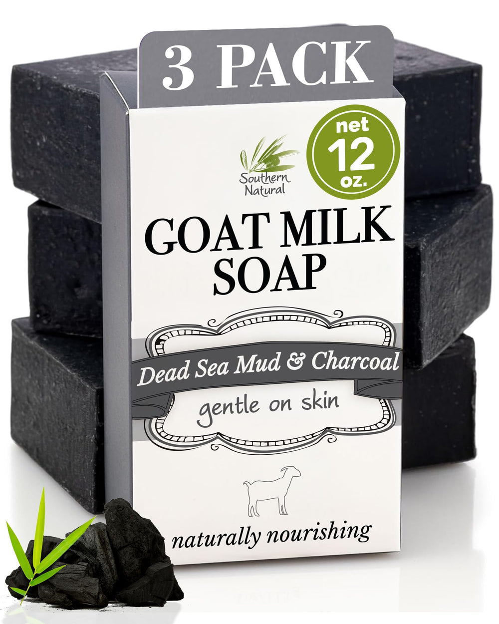 Southern Natural front packaging showing three charcoal soap bars and benefits