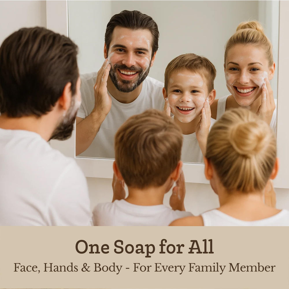 Southern Natural soap bar on bathroom shelf, suggesting daily routine and skin comfort