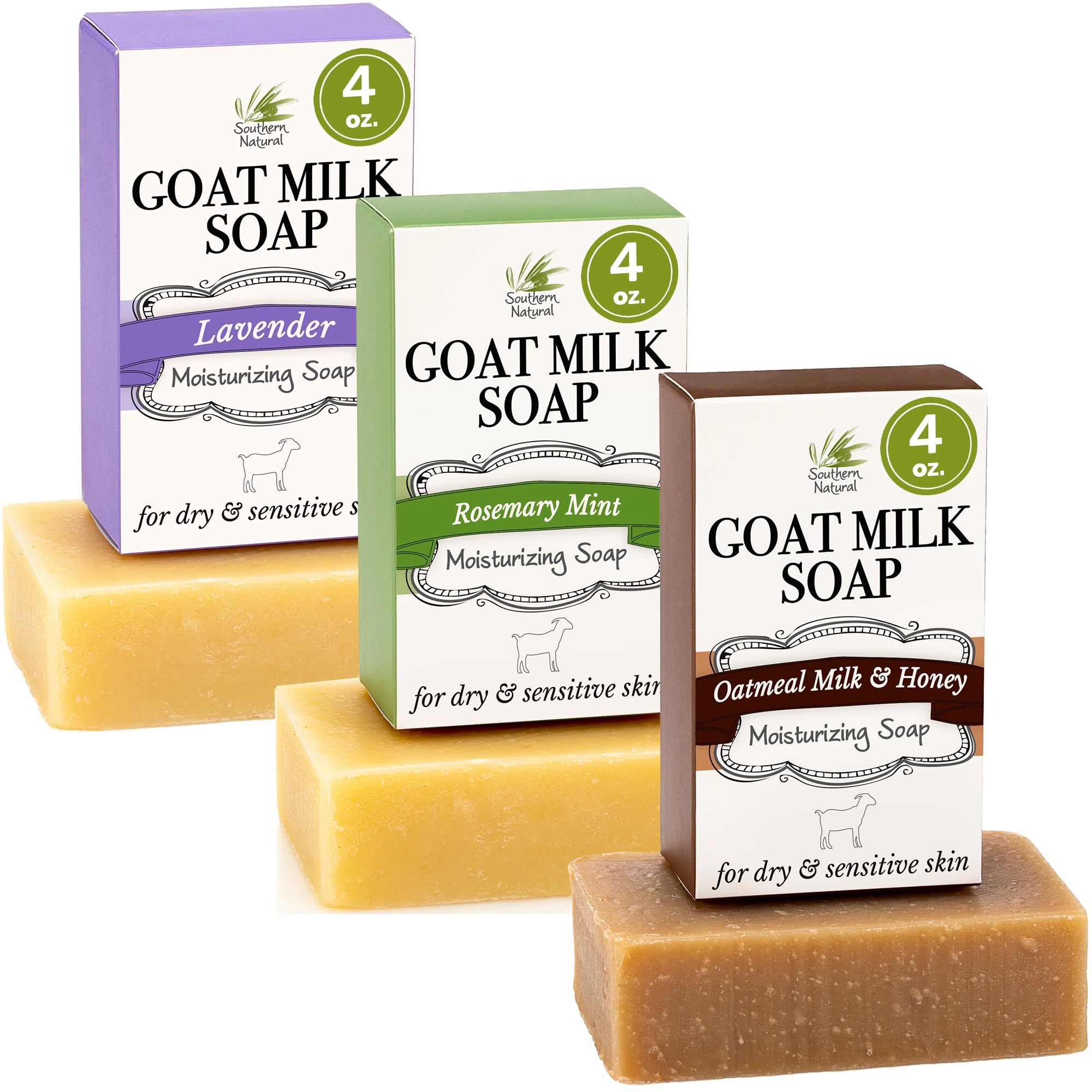 Southern Natural front packaging showing three goat milk soap bars, gentle cleansing benefit