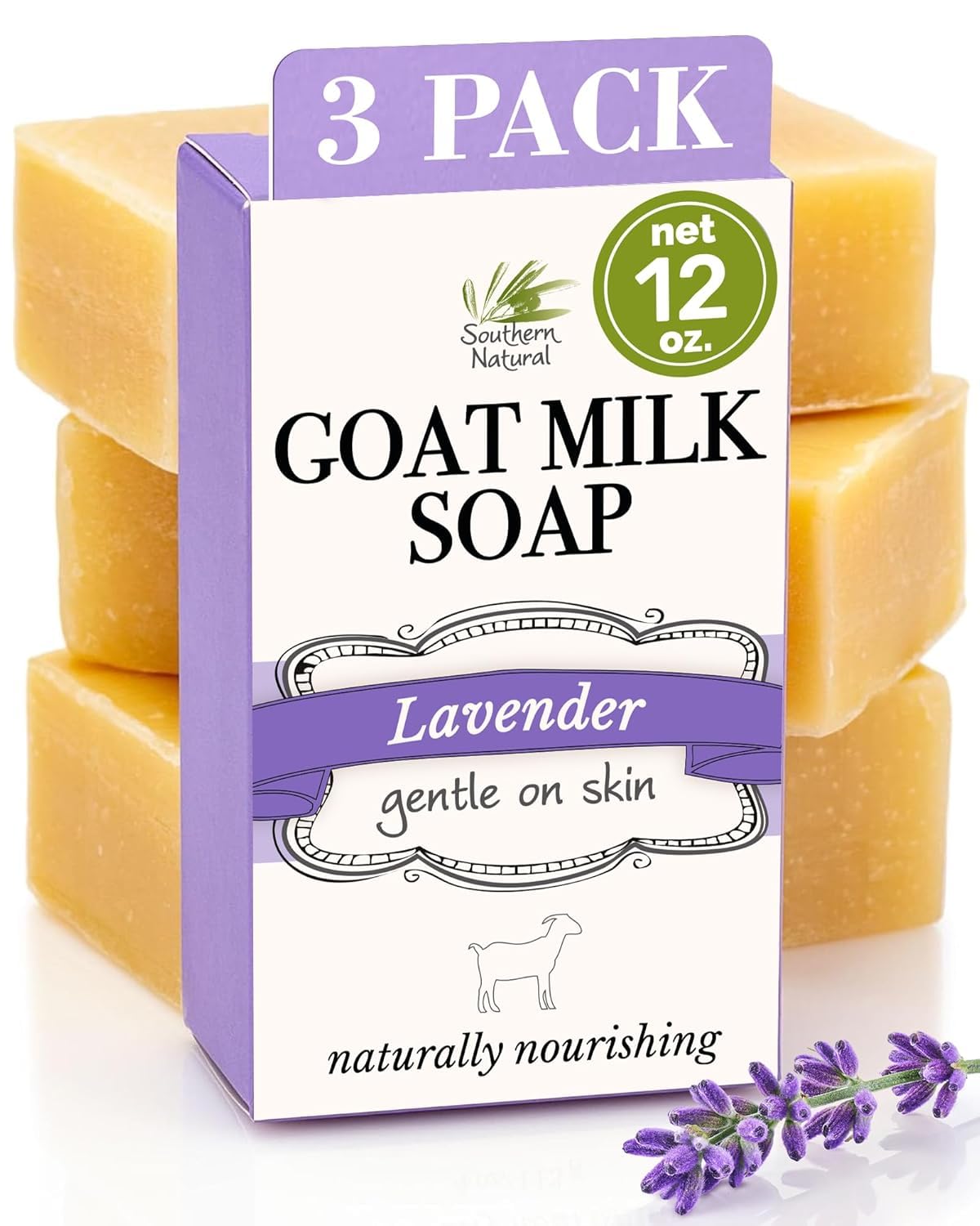 Southern Natural front packaging shows Lavender goat milk soap, visually calming