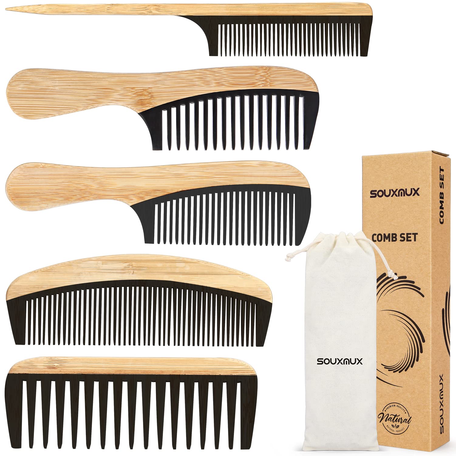 SouxMux front packaging showing five bamboo combs and pouch, organized for travel benefit