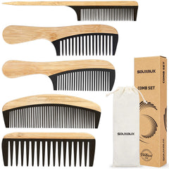 SouxMux front packaging showing five bamboo combs and pouch, organized for travel benefit
