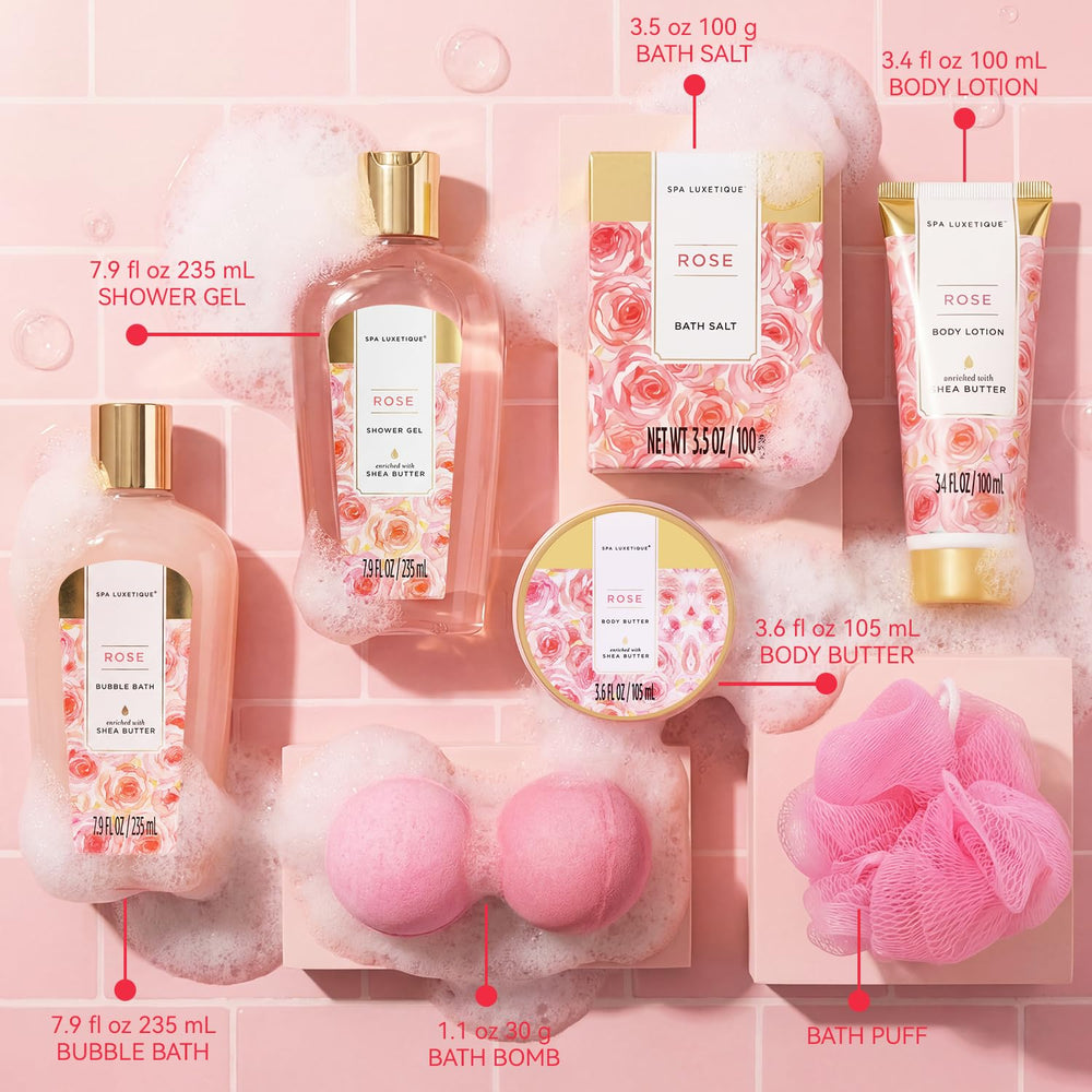 spa luxetique arranged contents flatlay displaying full eight-piece set for gifting