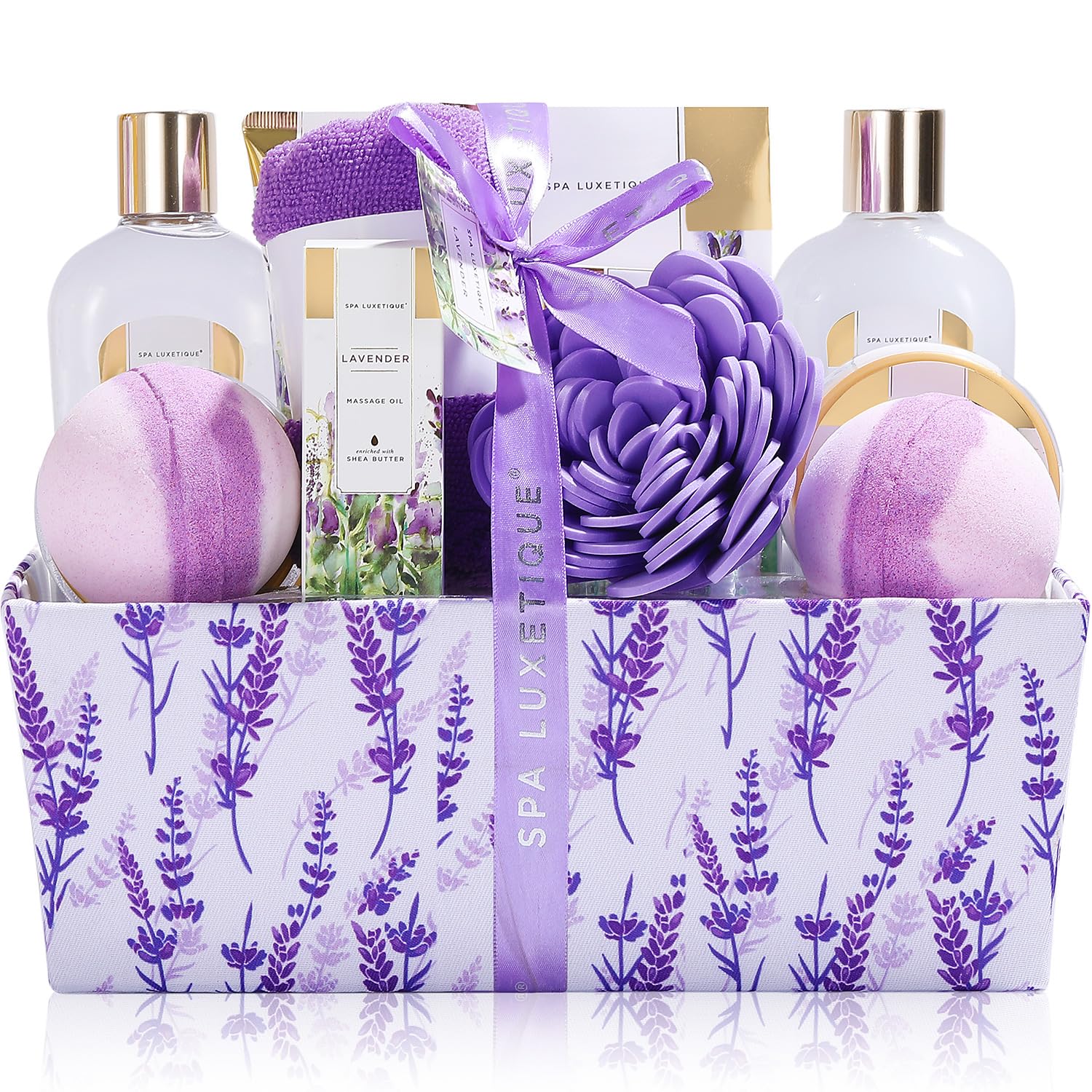 spa luxetique front packaging lavender basket showing gift-ready presentation and calm
