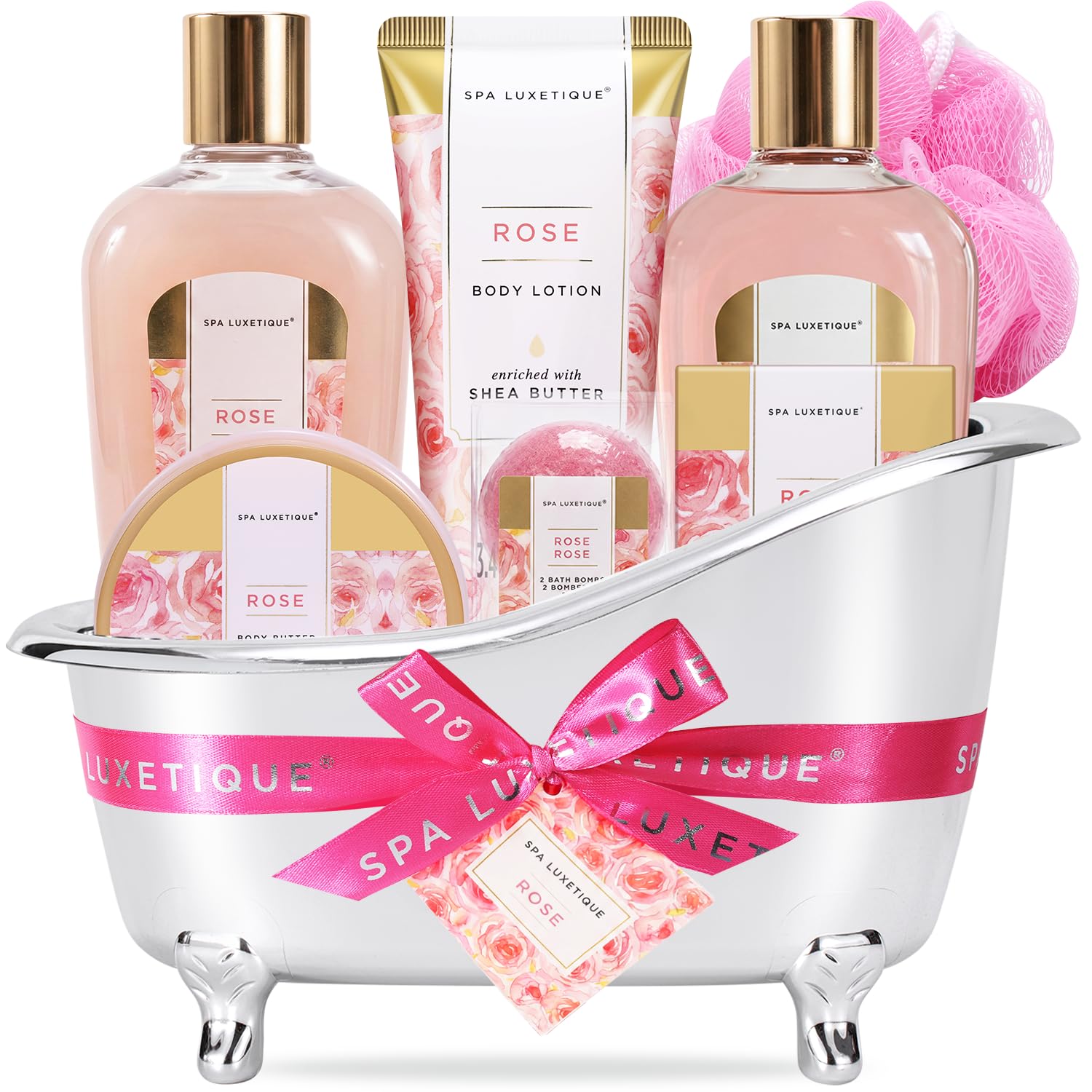spa luxetique front packaging showing gift-ready rose basket and elegant presentation