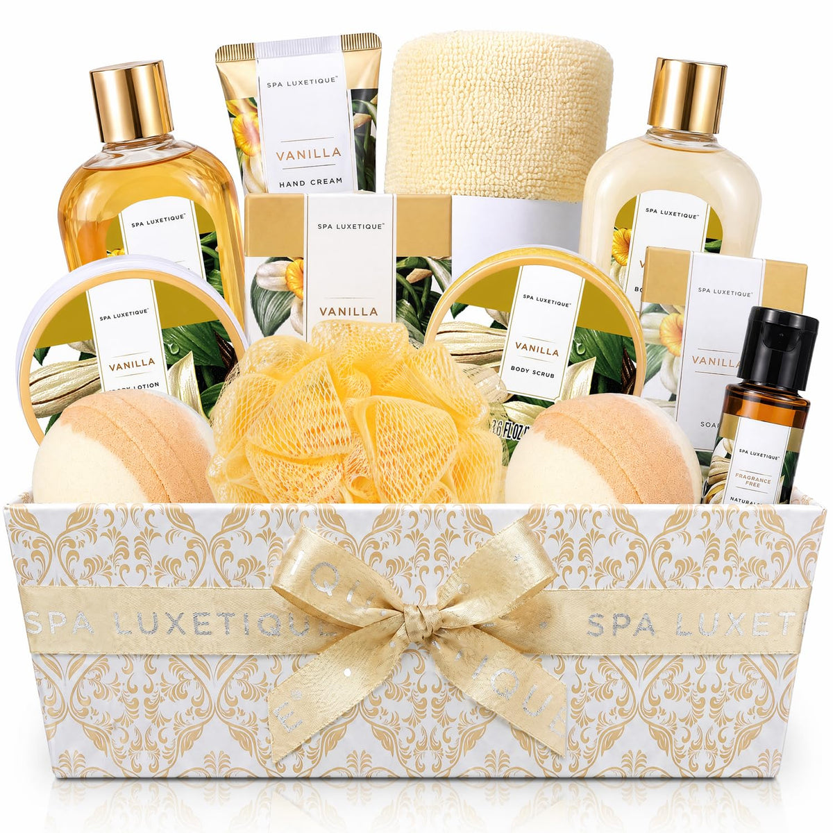 spa luxetique front packaging showing ready-to-give gift box and warm vanilla appeal