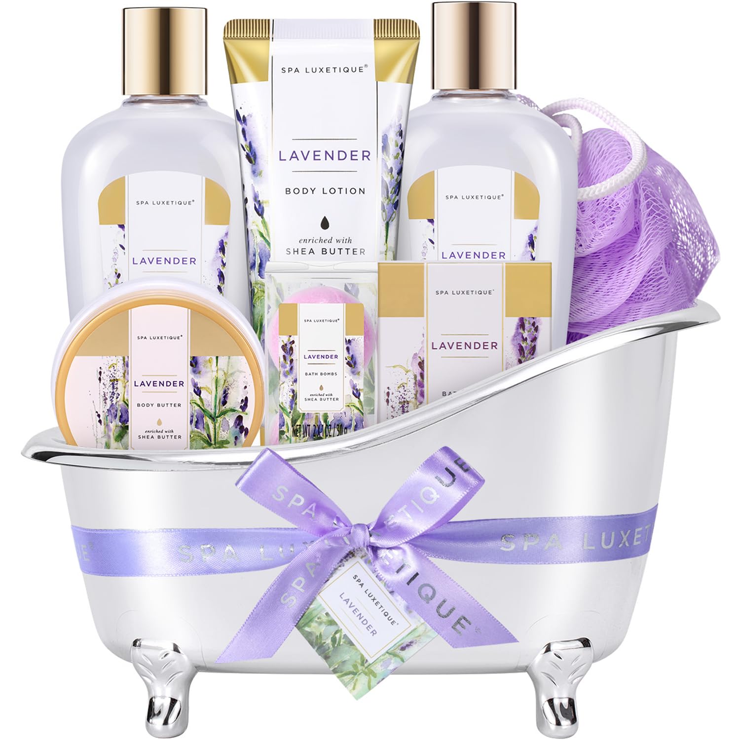 spa luxetique front packaging showing full lavender gift set and presentation