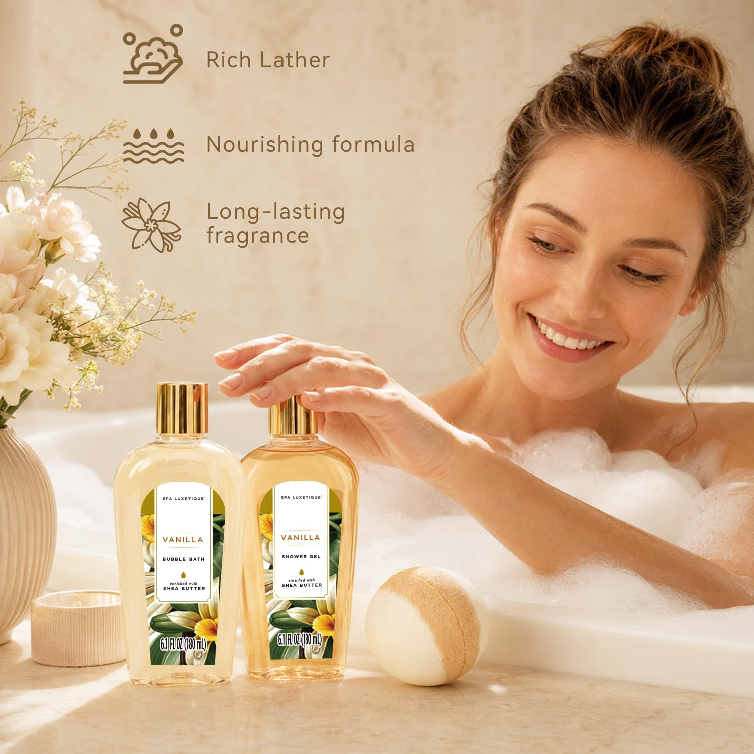 spa luxetique label and ingredients detail showing natural oils and vitamin E benefits