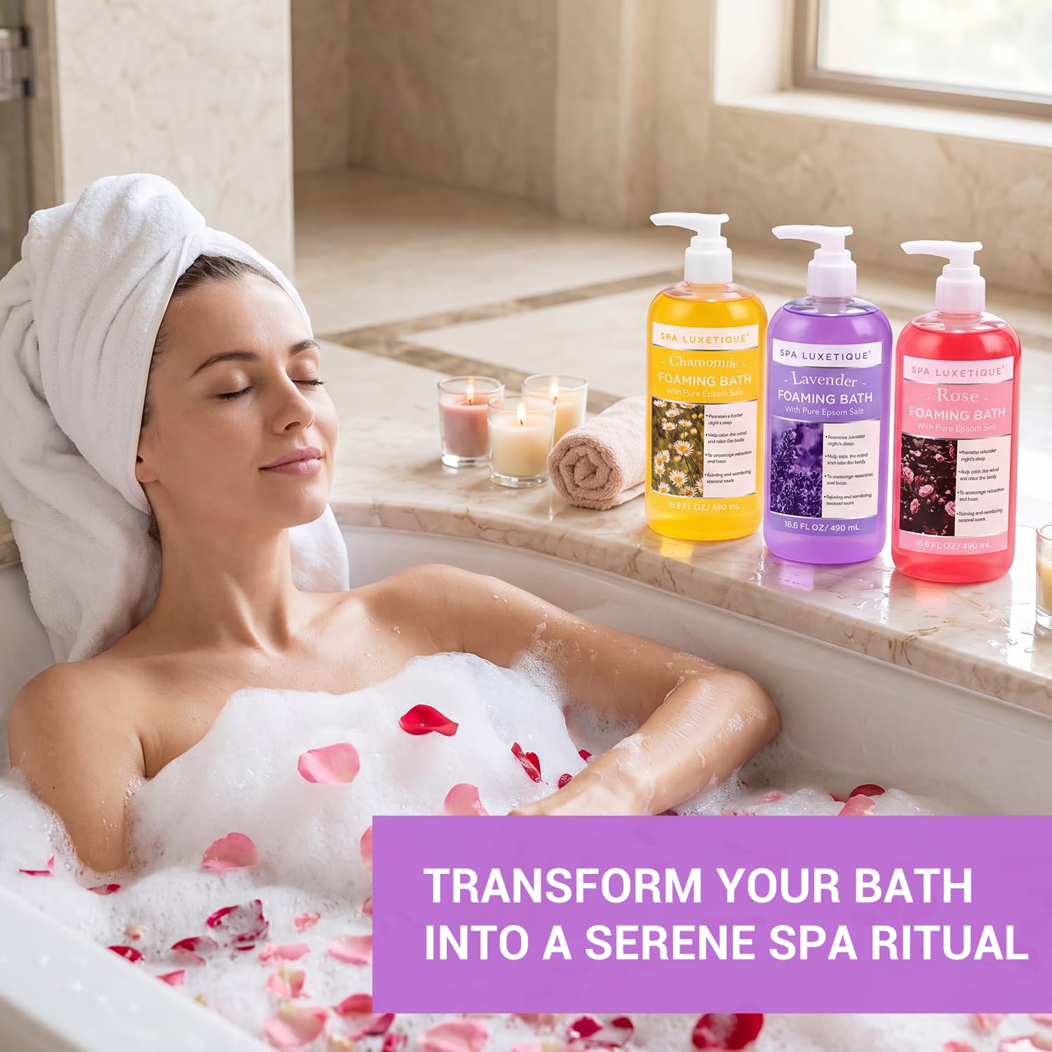 spa luxetique pouring lavender bottle into tub producing rich foam and relaxation