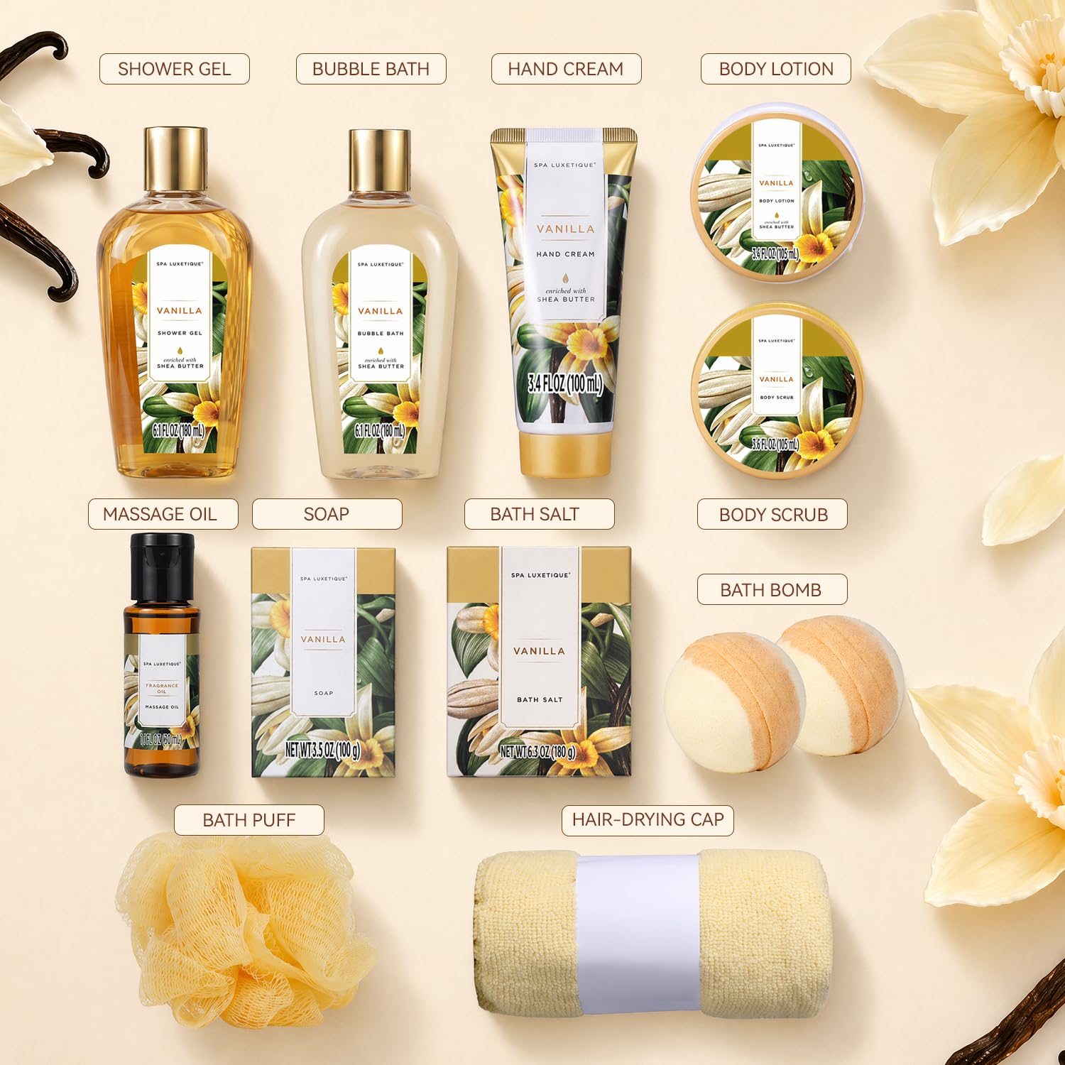 spa luxetique open box layout displaying all twelve spa items for effortless gifting