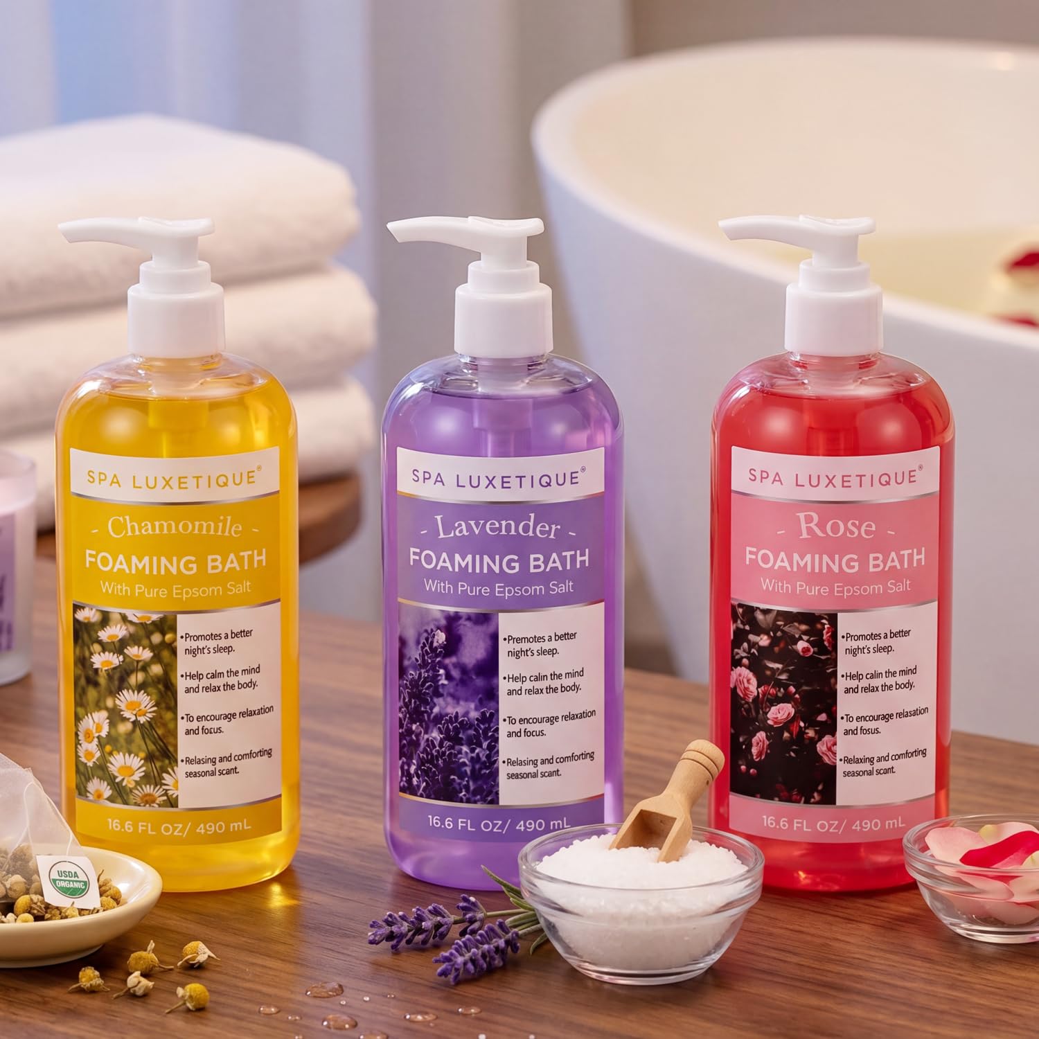 spa luxetique bottles with ruler for size comparison to estimate how long set lasts