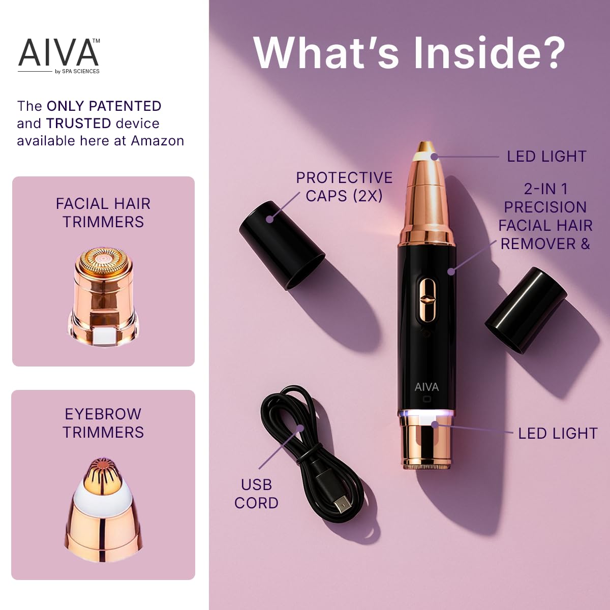 Spa Sciences AIVA dual ends visible, demonstrating hair remover and trimmer benefit