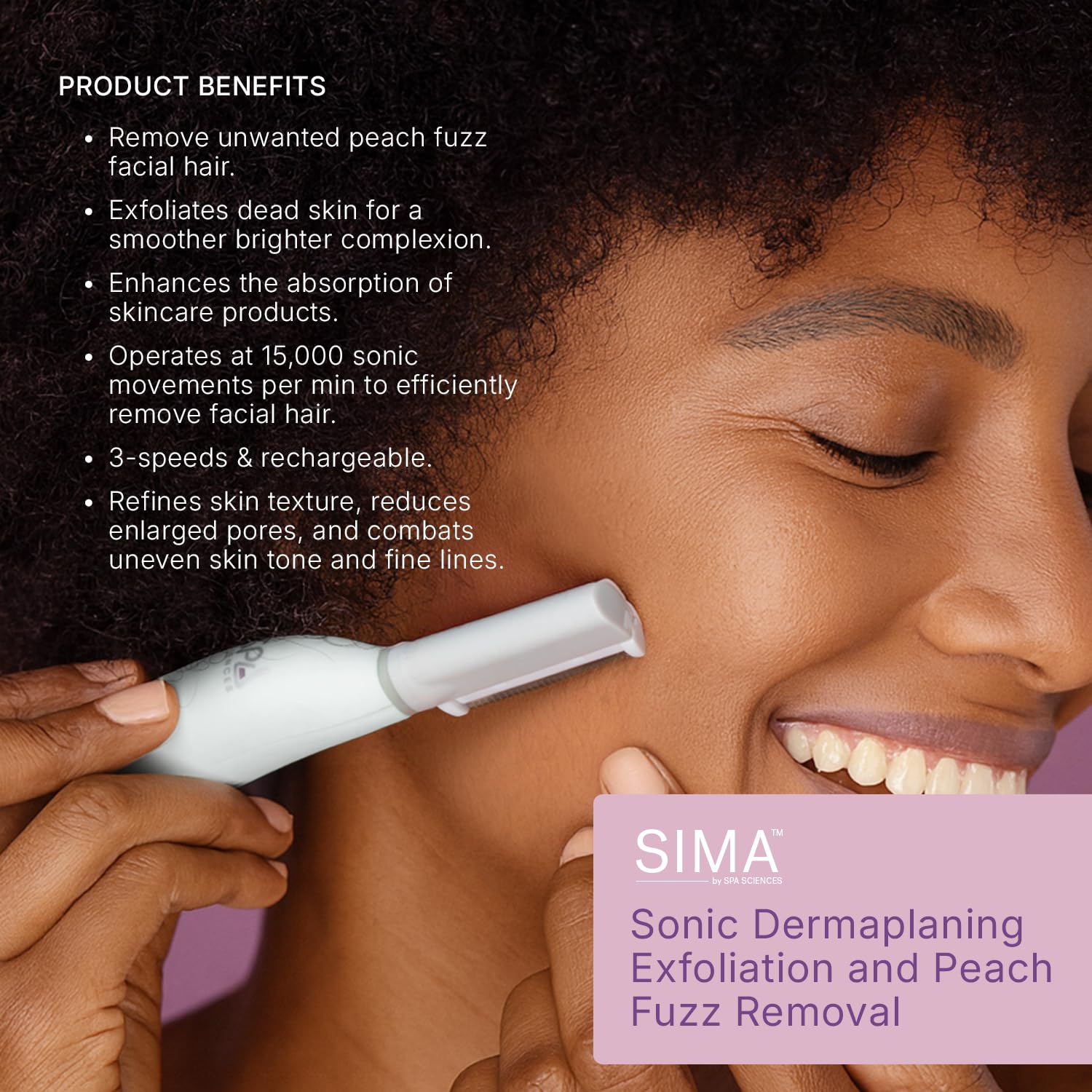 SPA SCIENCES SIMA before and after comparison showing reduced peach fuzz benefit clearer makeup finish
