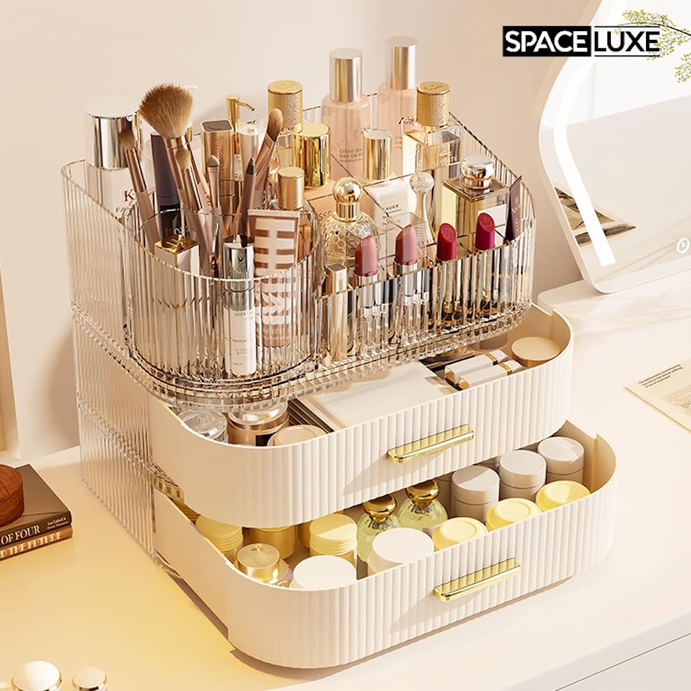 SpaceLuxe open drawers and compartments holding palettes and skincare for organized storage