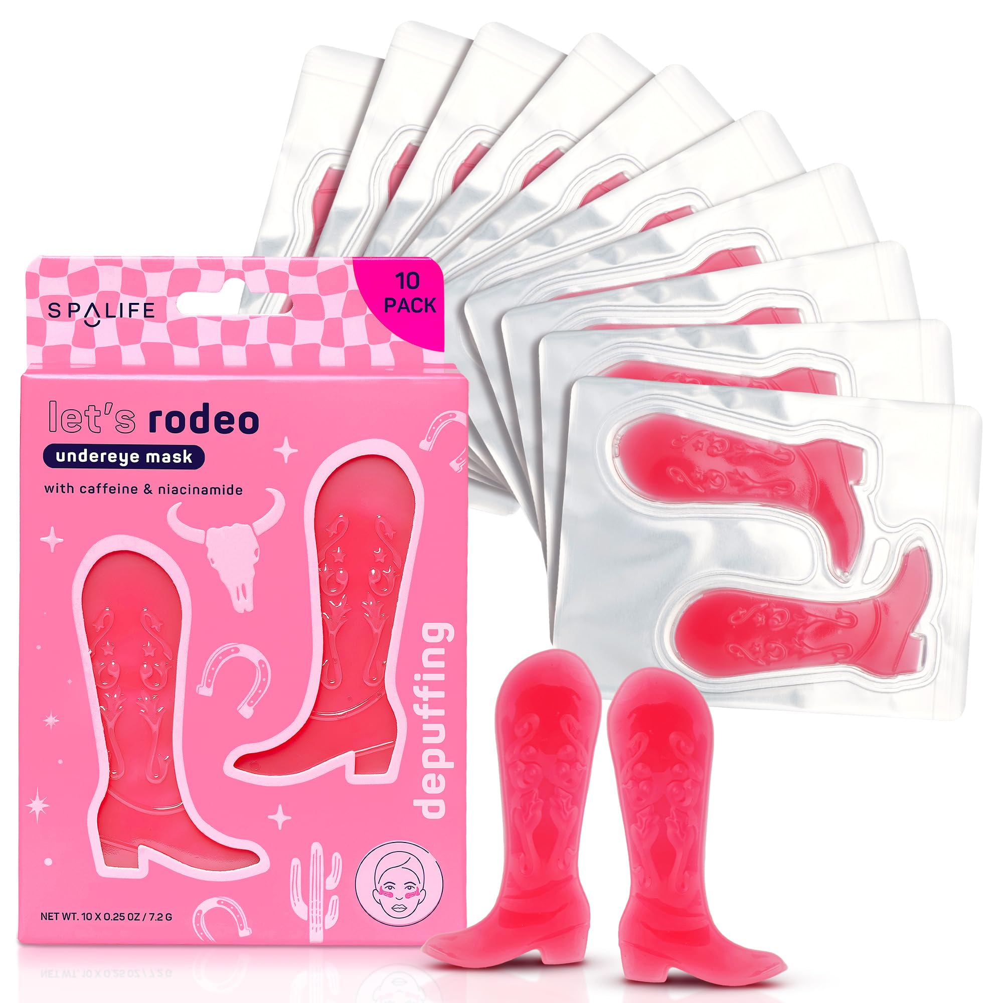 SpaLife front packaging showing ten cowgirl boot hydrogel pairs for quick refresh