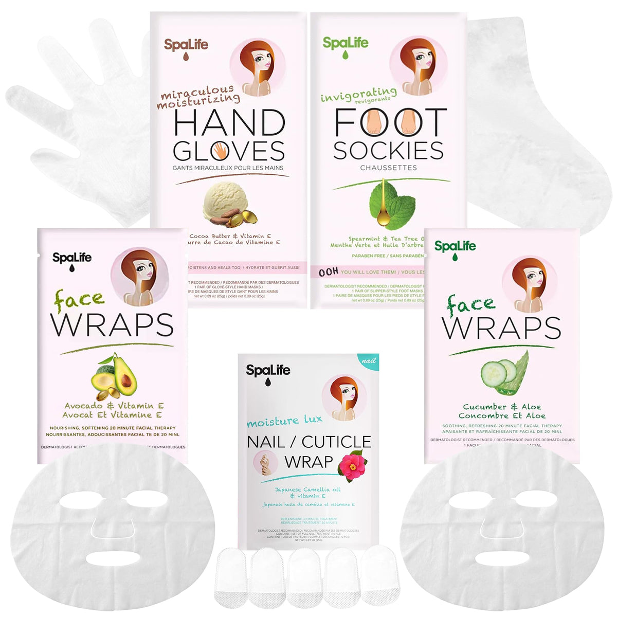 SpaLife front packaging showing full 10-piece moisture set and benefits