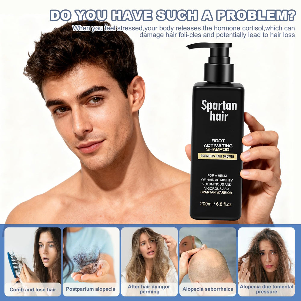 SPARTAN HAIR bottle held in hand showing 200ml scale and travel-friendly size