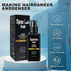 SPARTAN HAIR label and pump close-up highlighting ingredient claims