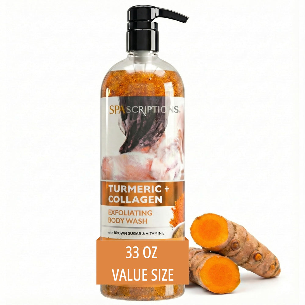 SpaScriptions front packaging showing 33 oz brightening body wash for glow