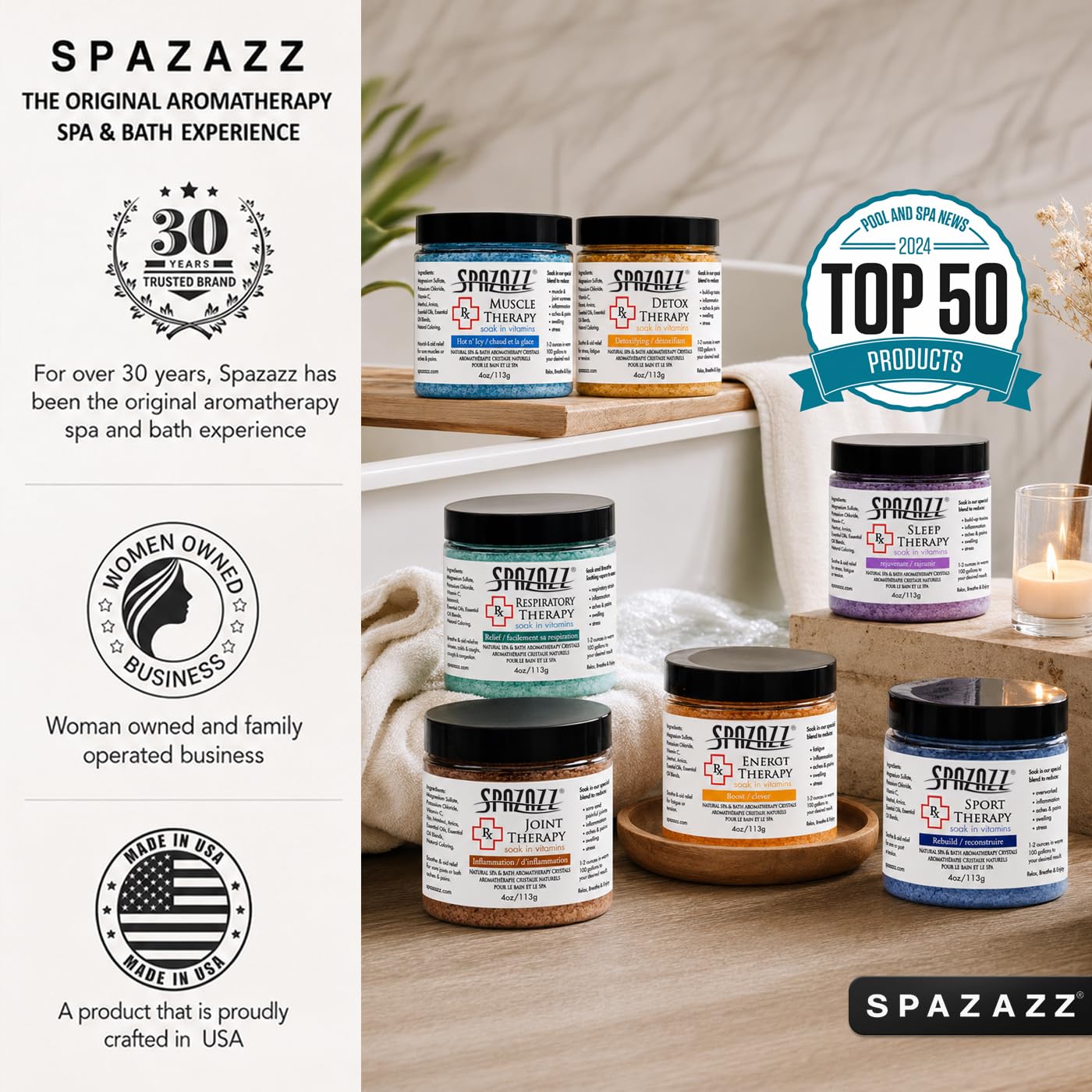 Spazazz 4oz sampler held in hand to demonstrate compact travel-friendly size