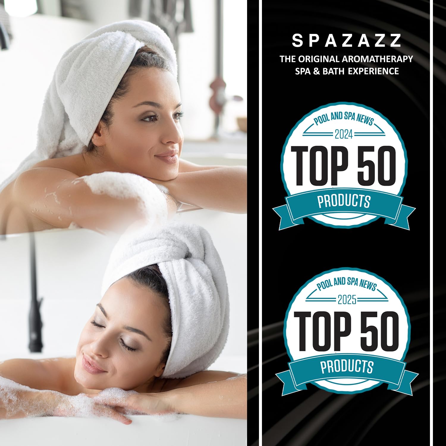 Spazazz bottle on bathroom shelf conveying premium look and everyday luxury