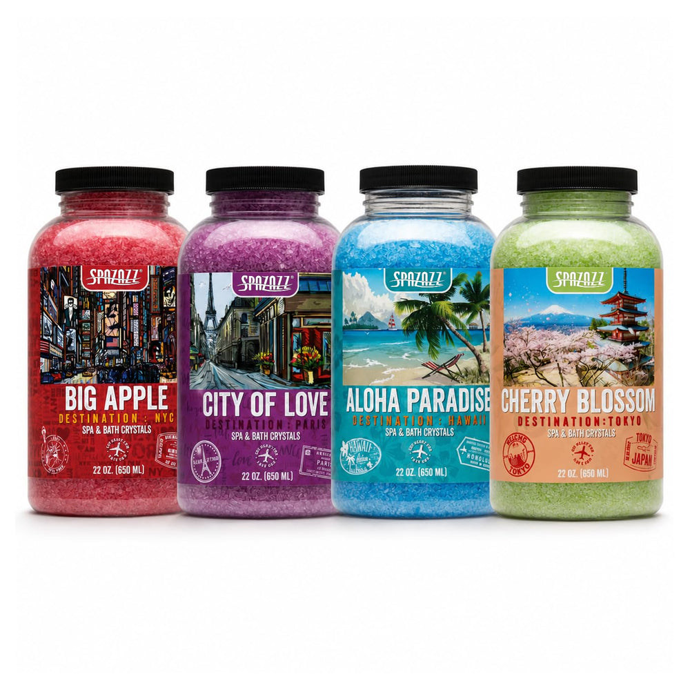 Spazazz front pack showing four Destination jars and travel-inspired scents