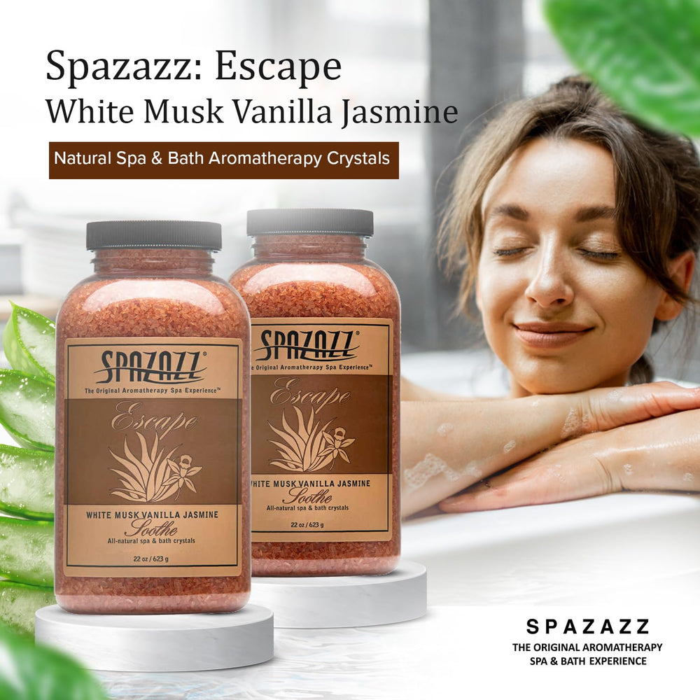 Spazazz scoop beside crystals indicating recommended portions and convenient dosing