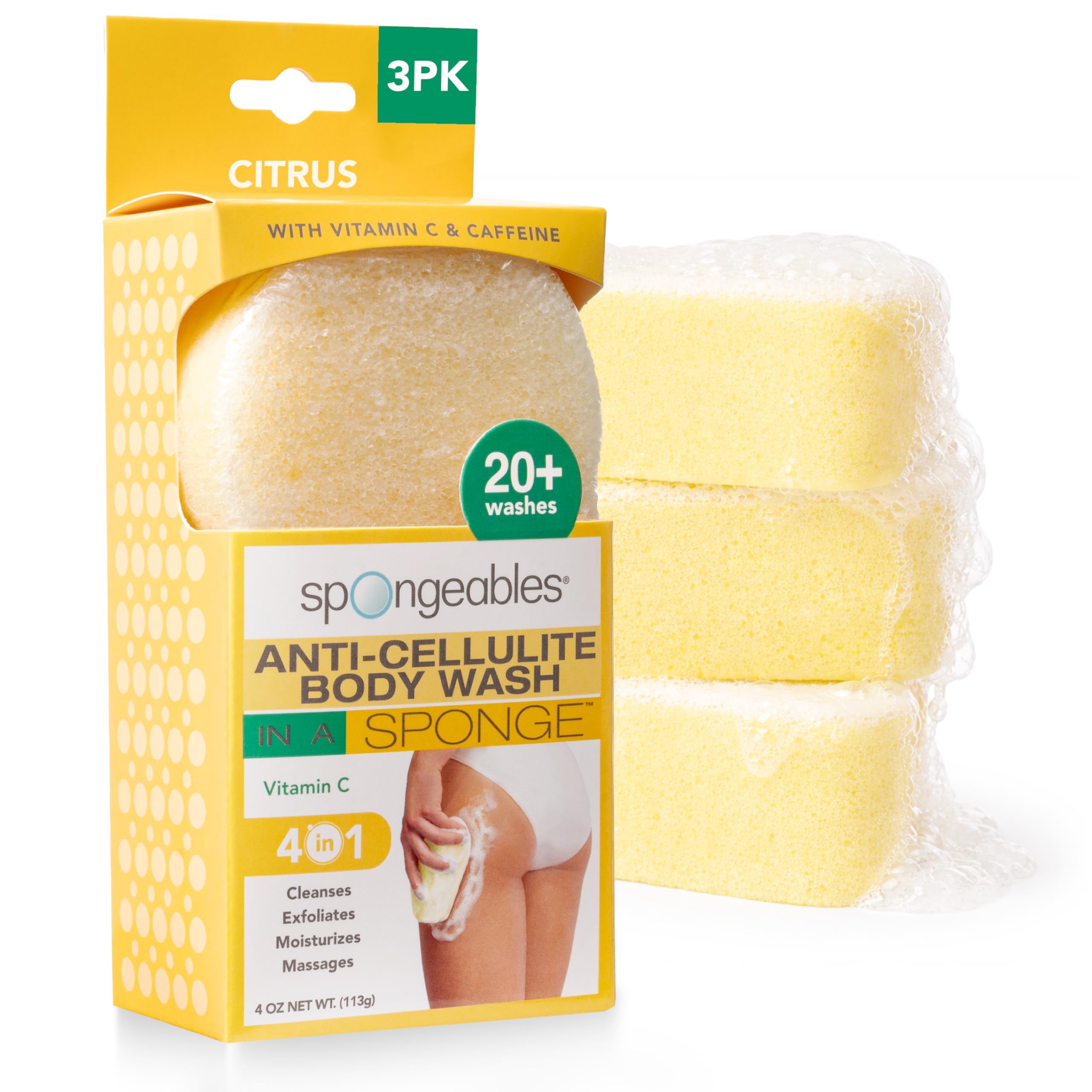Spongeables front packaging showing three citrus sponges and benefits
