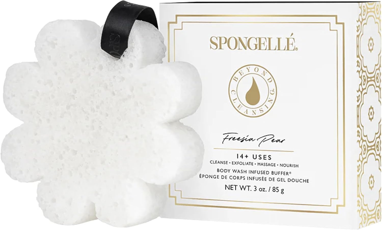SPONGELLÉ sponge in use under shower demonstrating easy activation and lather