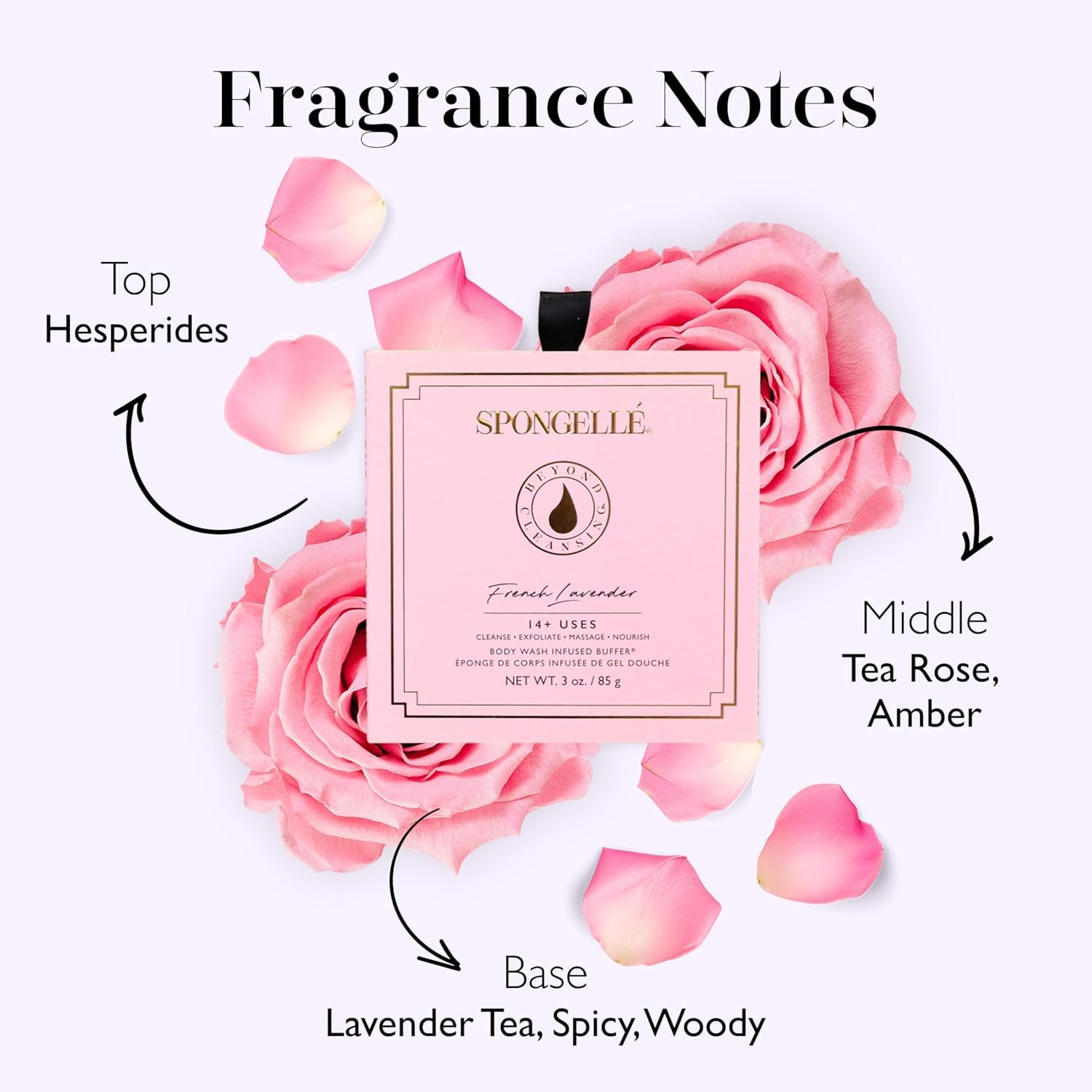 SPONGELLÉ ingredient label close-up listing botanicals and clean formulation benefits