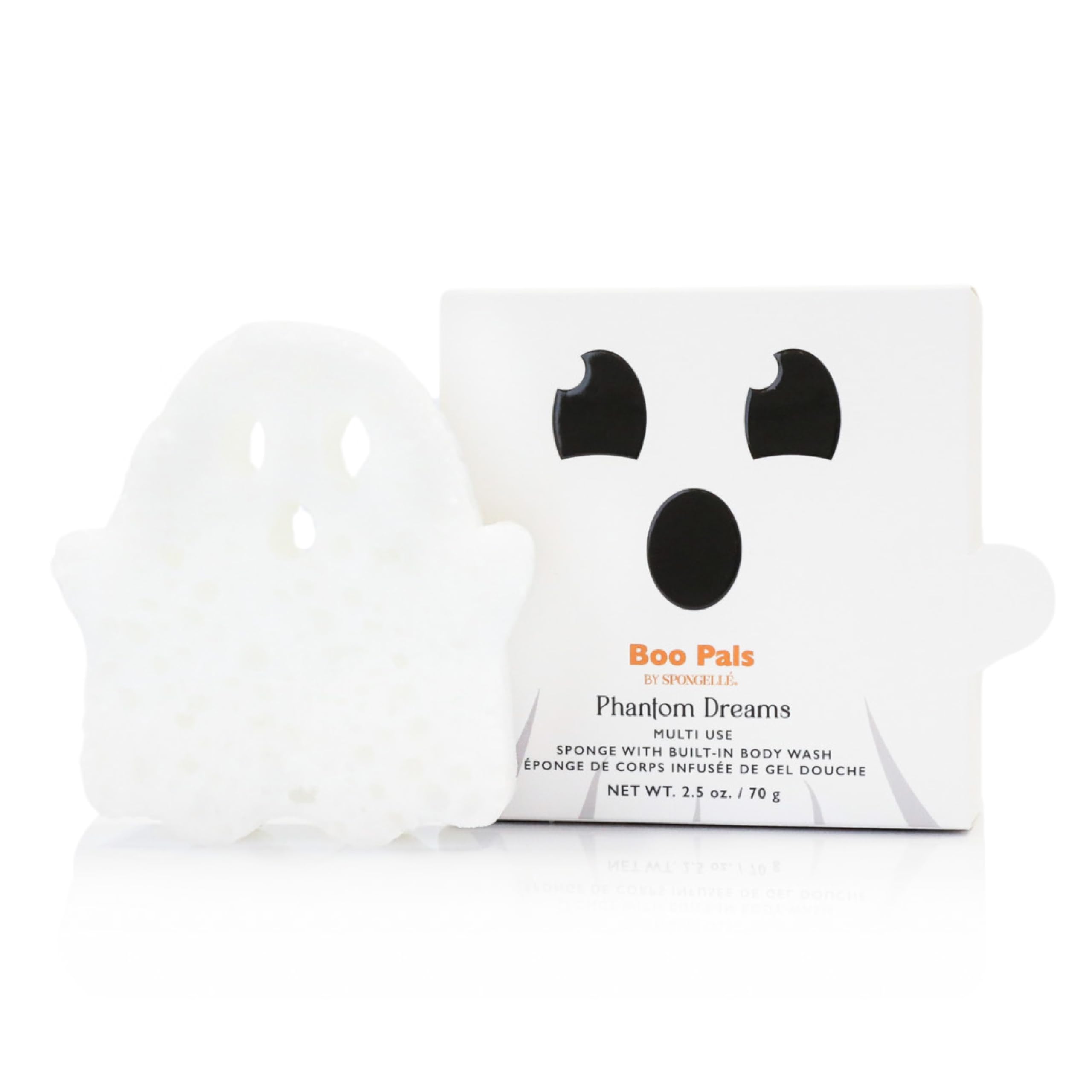 SPONGELLÉ front packaging showing ghost-shaped Boo Pals buffer and benefits