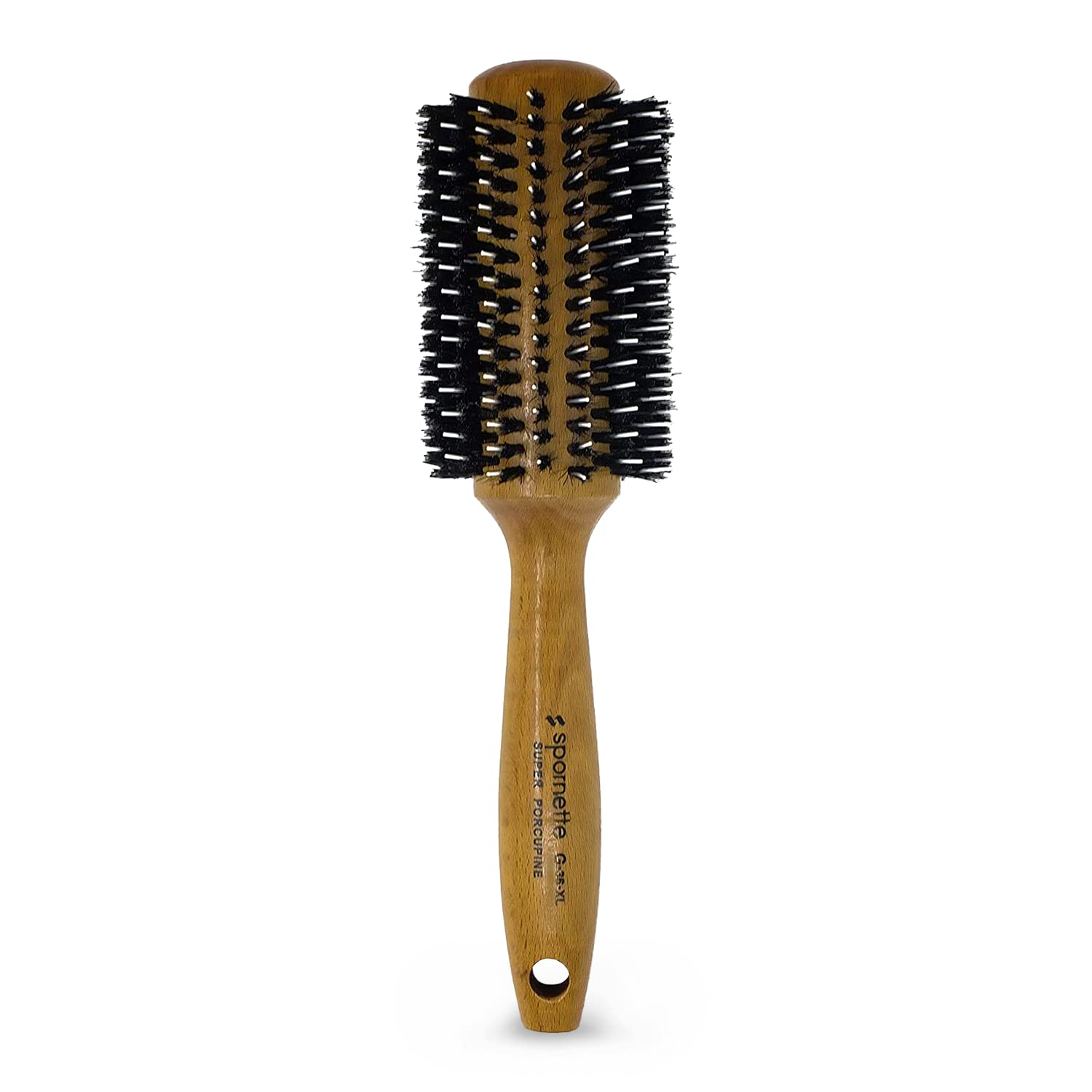 SPORNETTE front view of Porcupine brush showing mixed bristles and compact barrel for versatile styling
