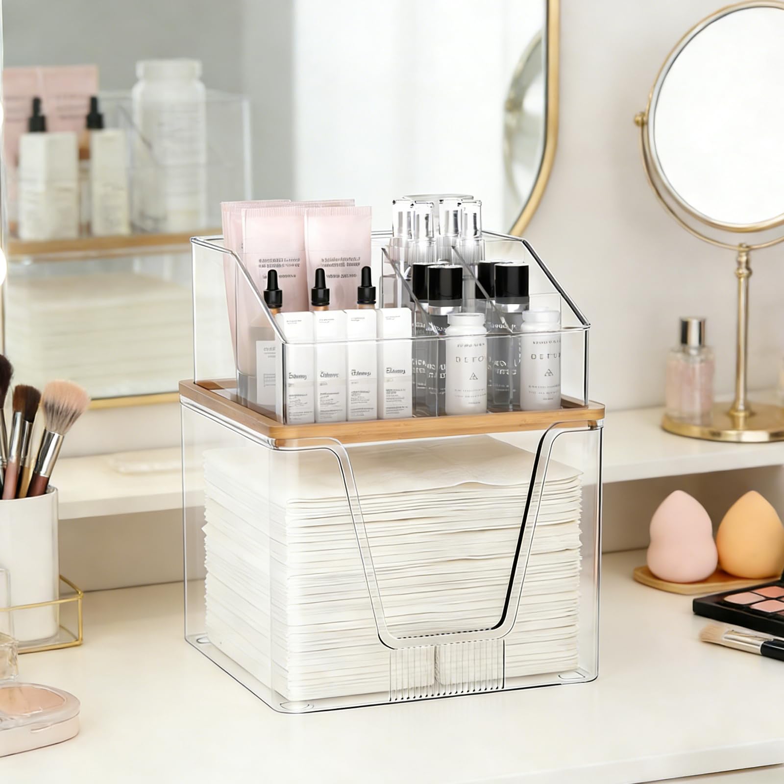 spospo vanity lifestyle setting displaying organized skincare and saved counter space
